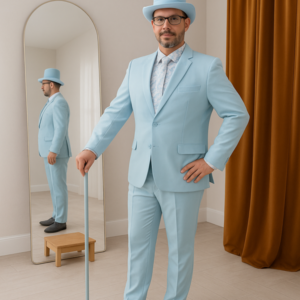 Man in light blue suit and hat