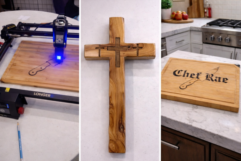 Woodwork knife on cutting board and cross
