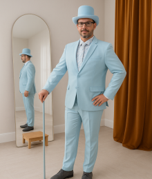 Man in light blue suit and hat