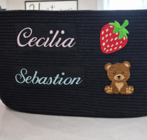 Embroidered bag with apple and teddy bear