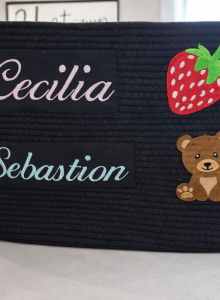 Embroidered bag with apple and teddy bear